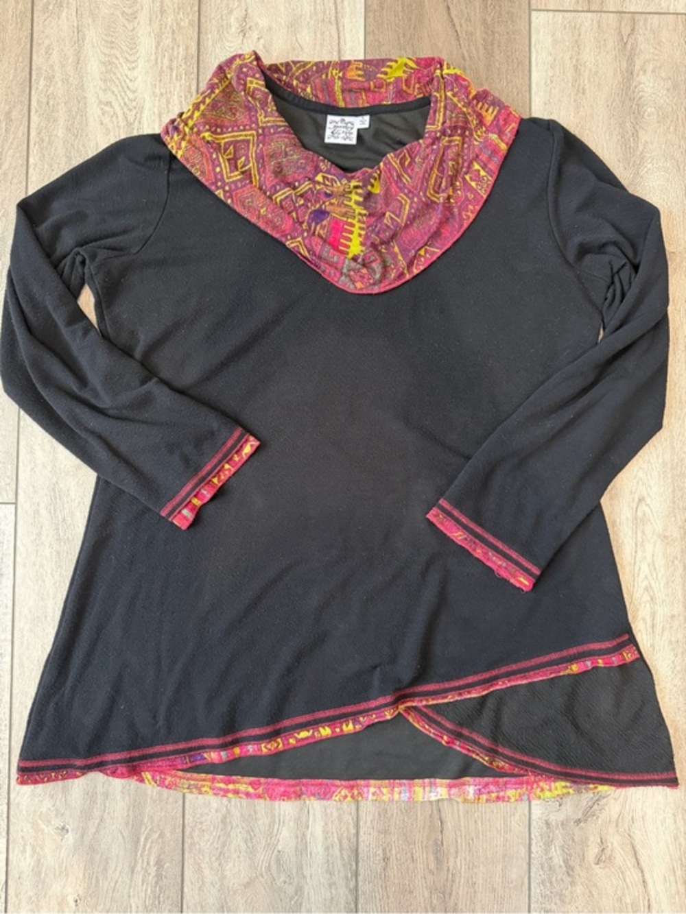 Parsley & Sage Black Boho Tunic with Patterned Trim
